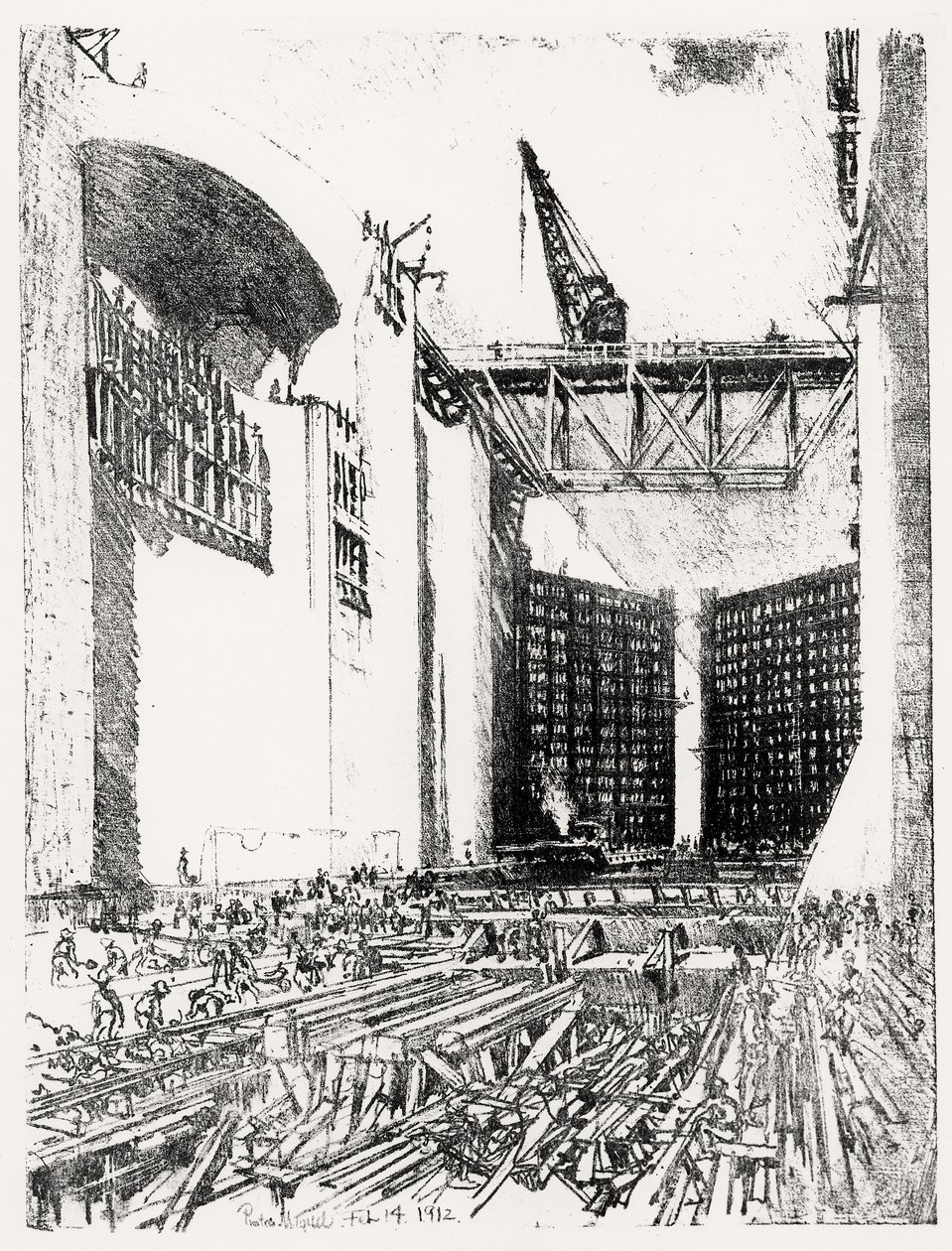 Laying the Floor: Pedro Miguel Lock, deska XVIII z Panamského průplavu od Josepha Pennella, 14. února 1912 (dřevěné uhlí) od Joseph Pennell