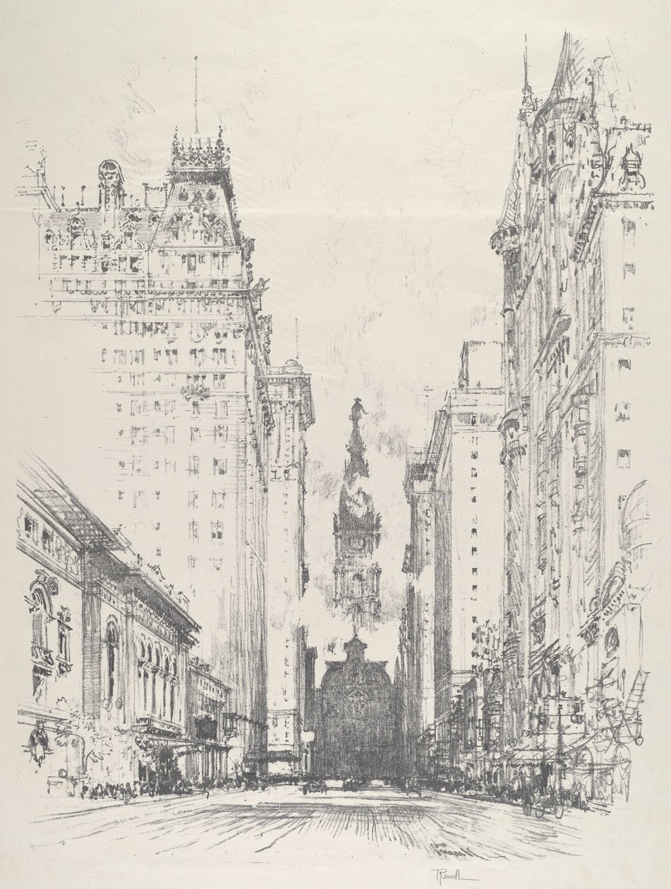 Při pohledu na Broad Street ze Spruce Street od Joseph Pennell
