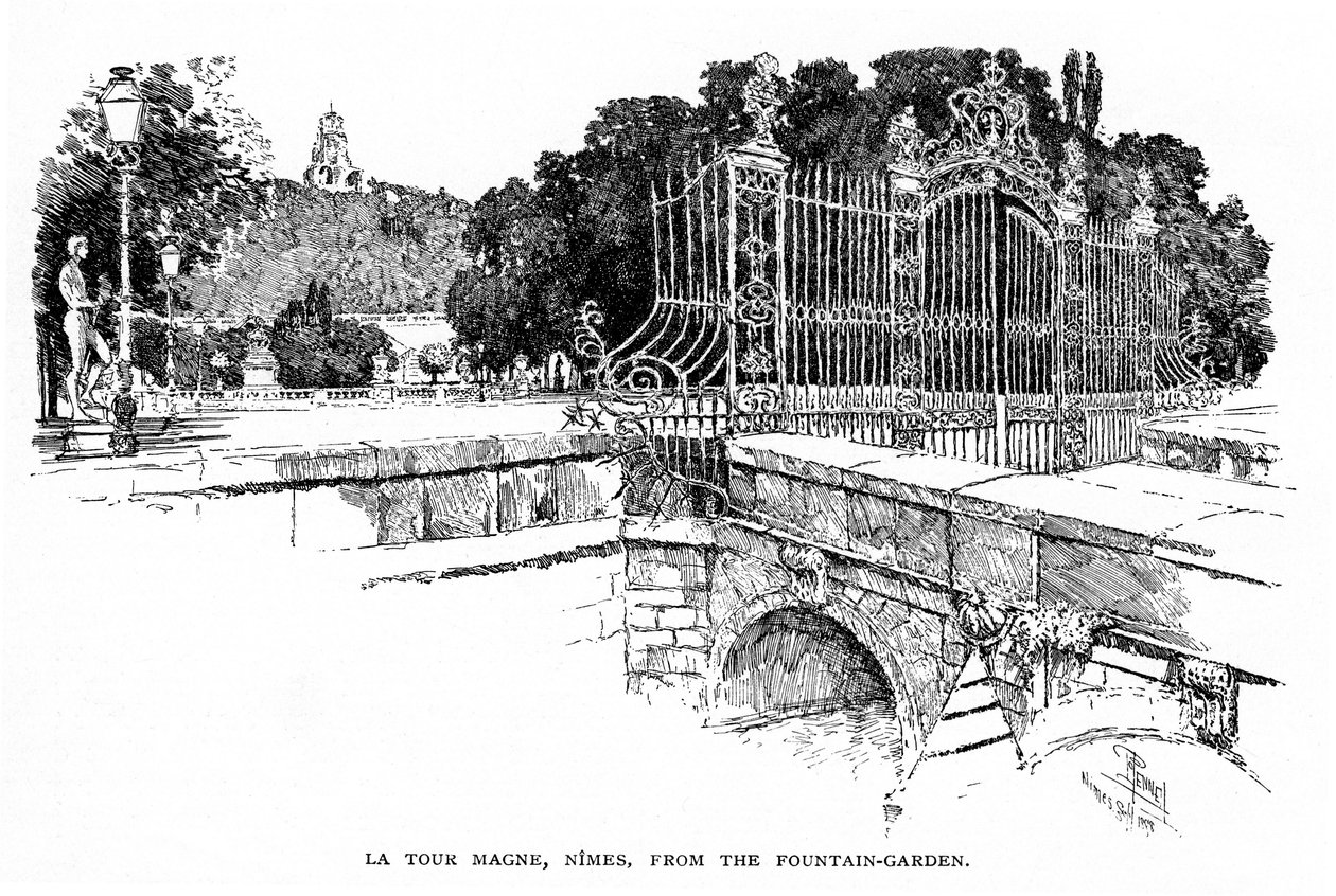 Nimes (Gard, Languedoc): věž Magne při pohledu ze zahrady Fontaine v roce 1888(rytina) od Joseph Pennell