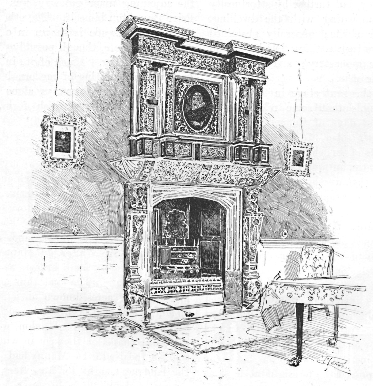 Old Charterhouse: Mantelpiece v Masters Lodge, 1886 od Joseph Pennell