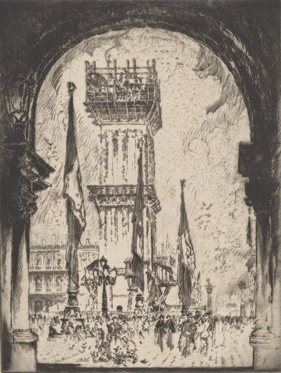 Přestavba Campanile, Benátky, No.I, 1911. od Joseph Pennell