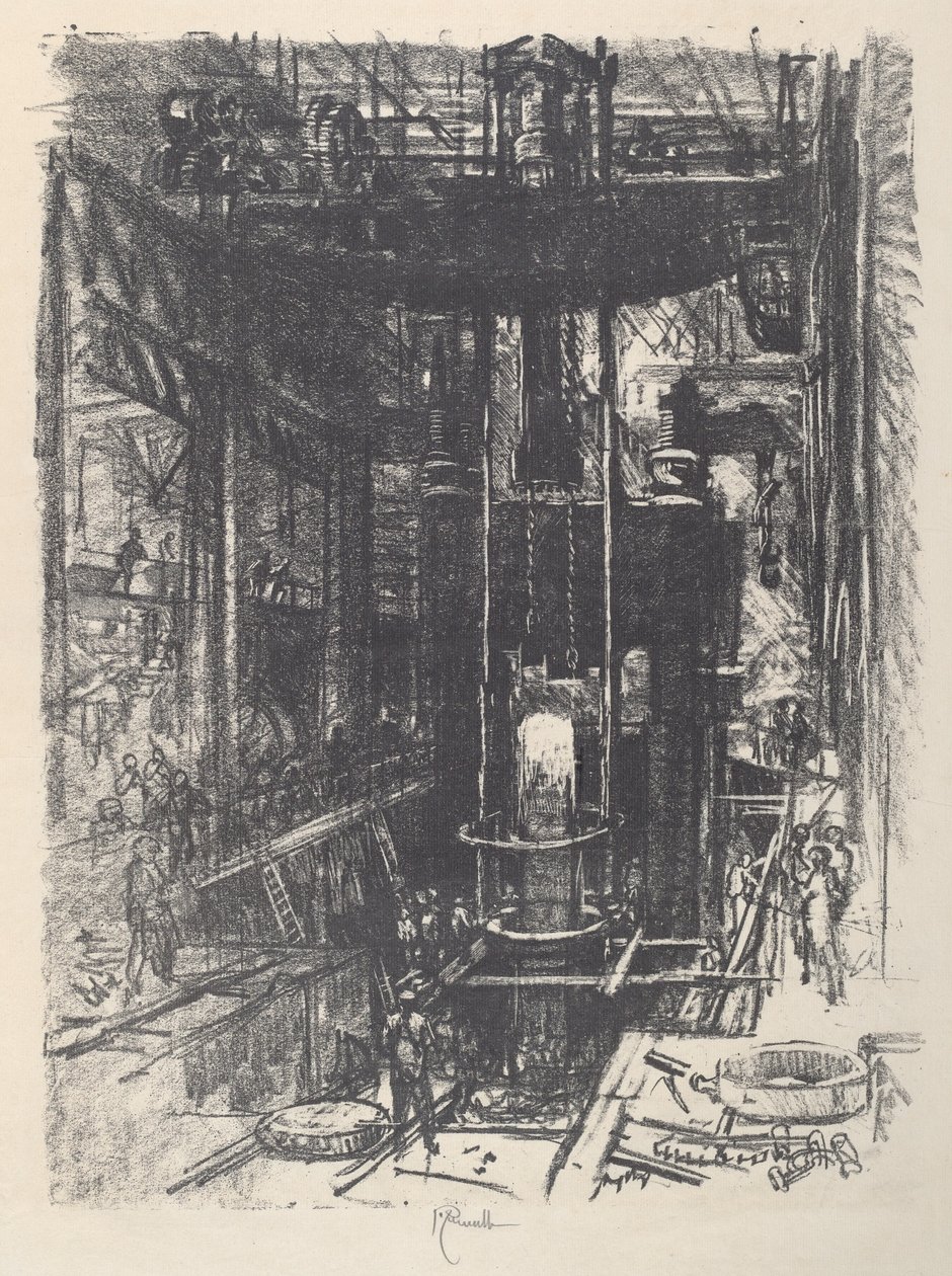 Shaping a Gun from an ingot, 1917. od Joseph Pennell