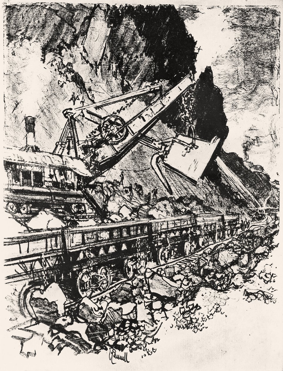 Práce s parní lopatou: Culebra Cut, deska XIV z Panamského průplavu od Josepha Pennella, 1912 (uhl na papíře) od Joseph Pennell