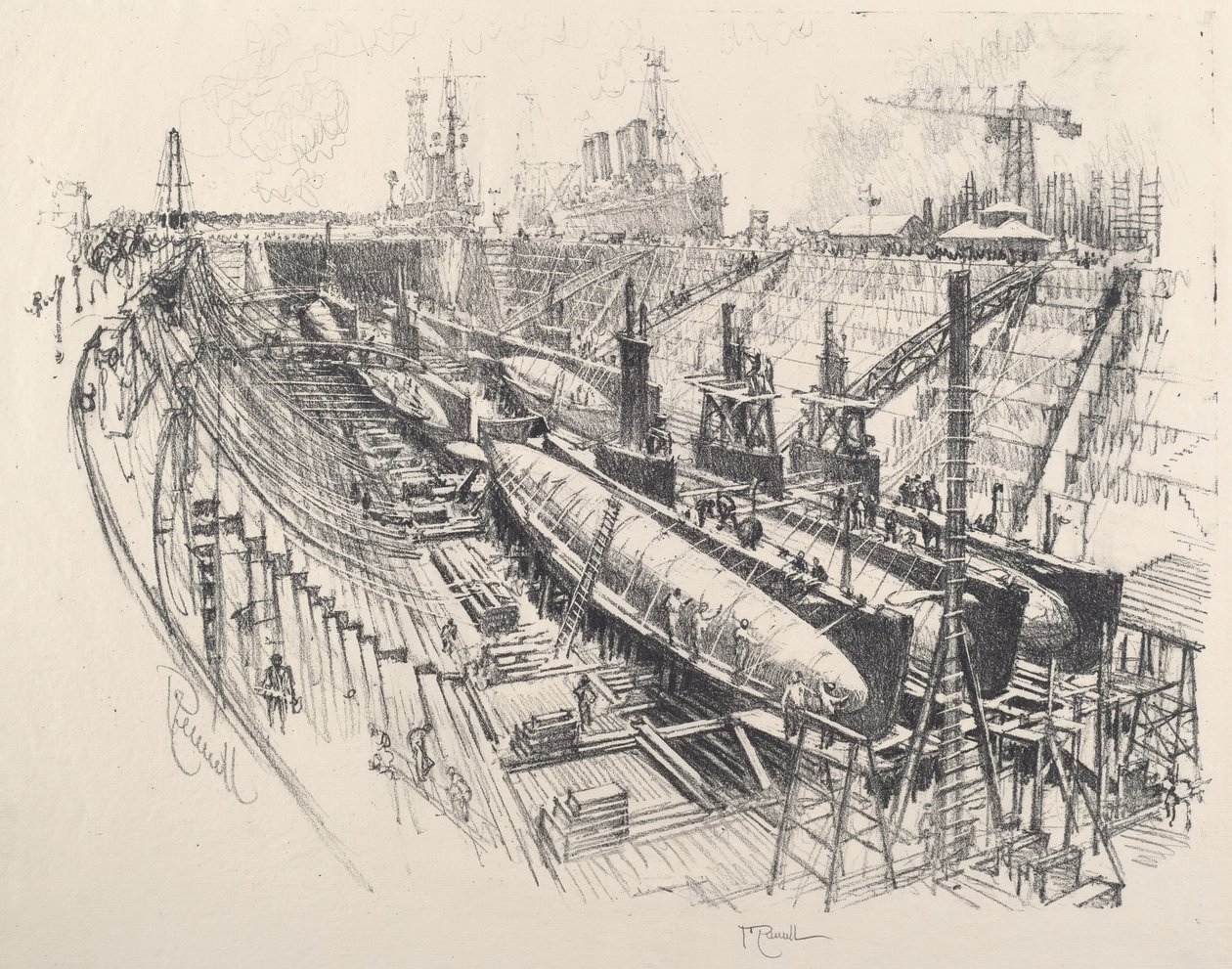 Ponorky v Suchém doku, 1917. od Joseph Pennell