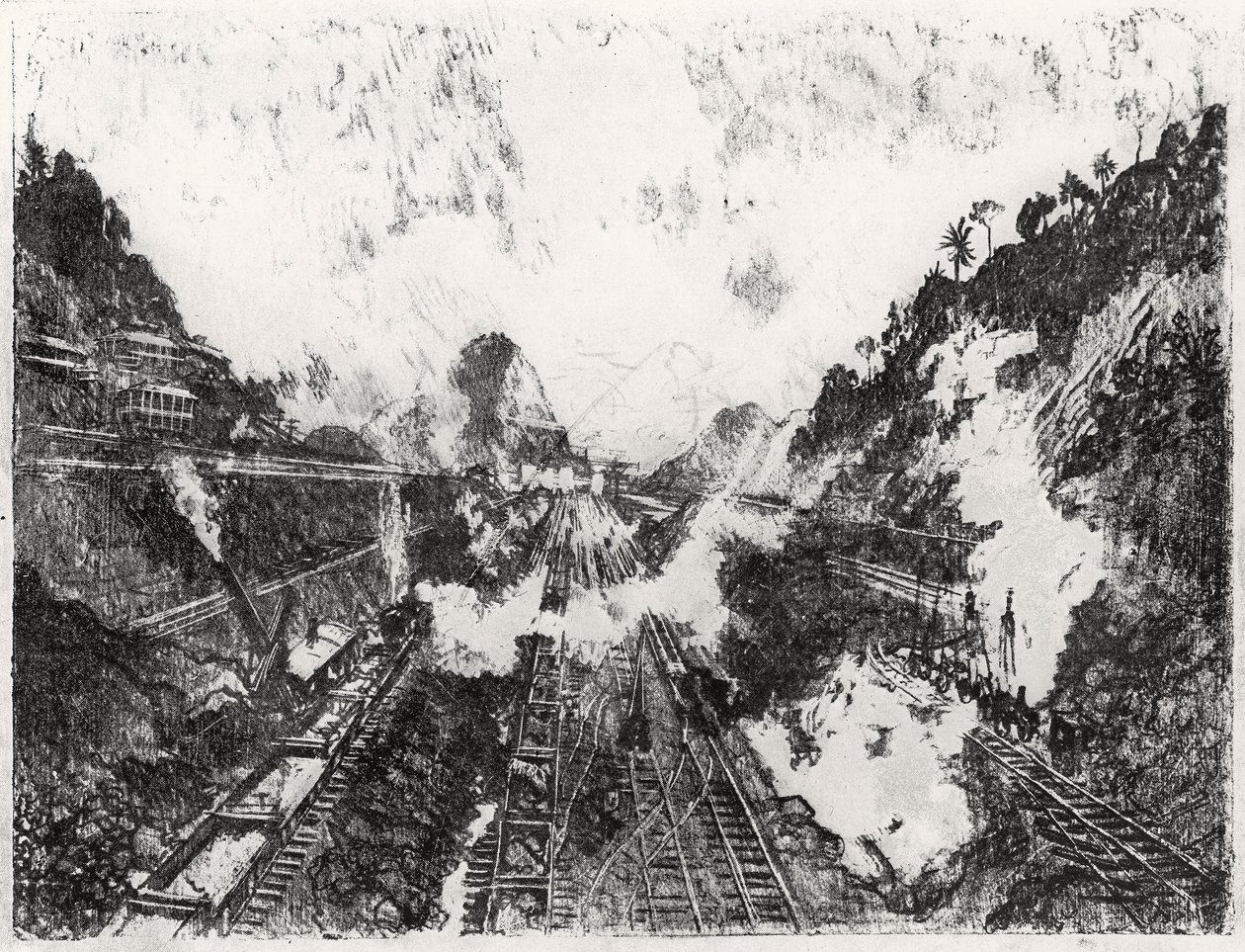 The Cut Pohled směrem k Ancon Hill, deska XVII z Panamského průplavu od Josepha Pennella, 1912 (uhlí na papíře) od Joseph Pennell