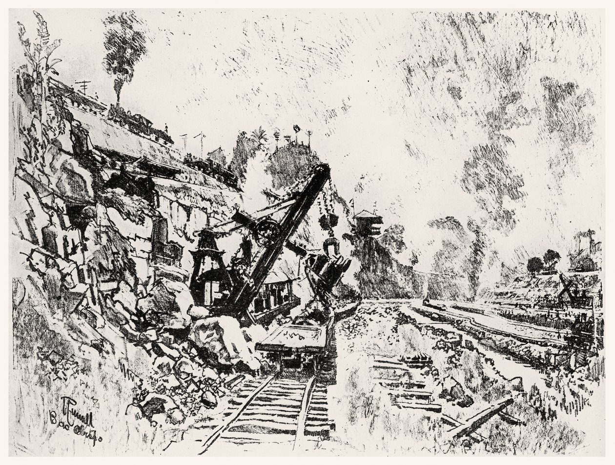 The Cut at Bas Obispo, deska XI z Panamského průplavu od Josepha Pennella, 1912 (uhl na papíře) od Joseph Pennell