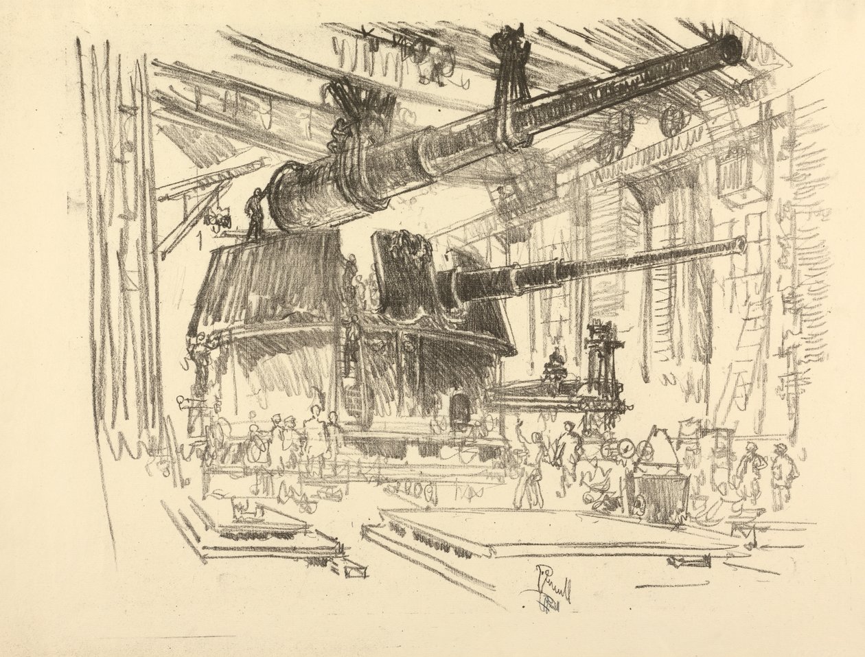 The English War Series: W. 448 Fitting Guns in Turrets od Joseph Pennell