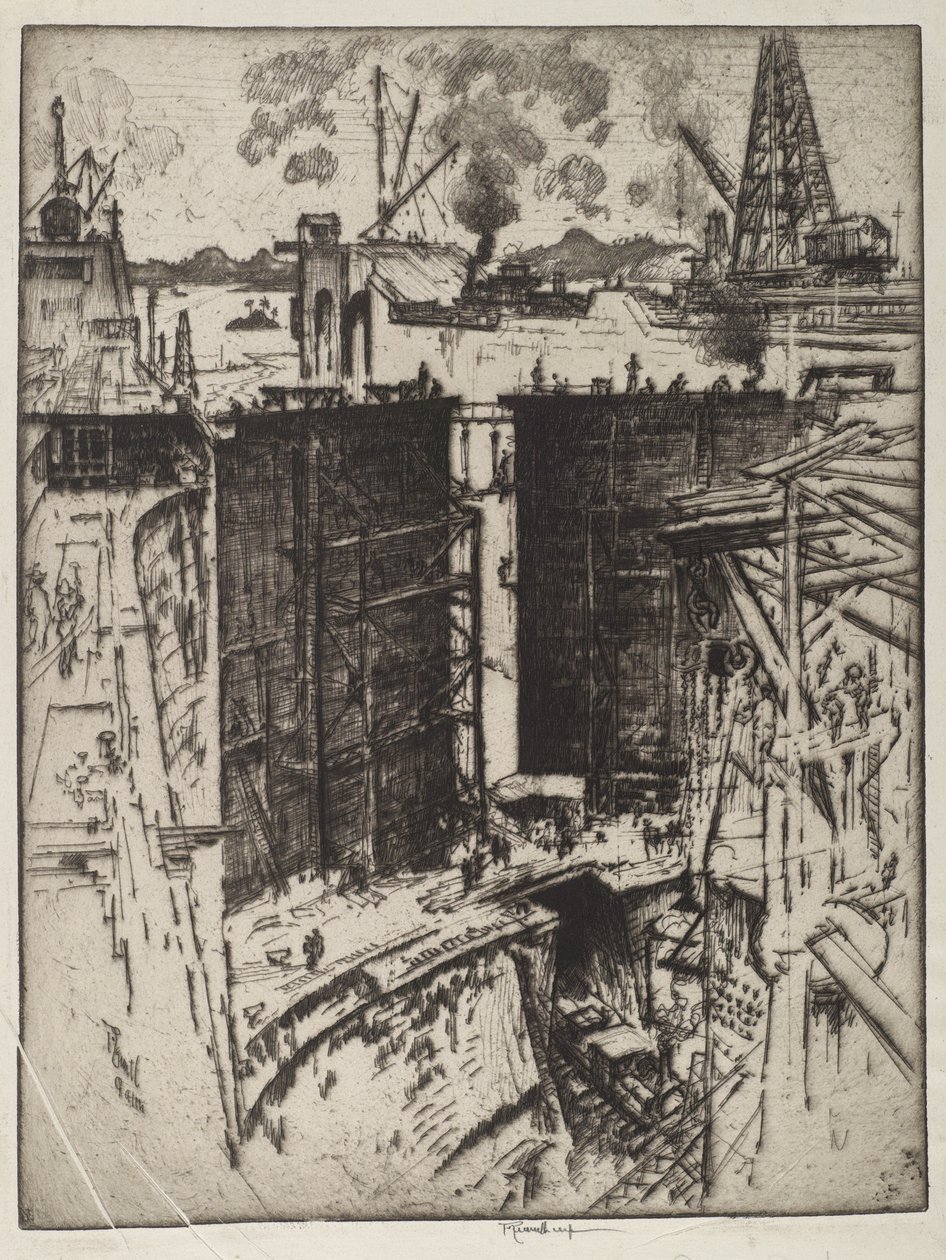 Strážná brána, Gatun Lock, Panama, 1912 (lept na papíře) od Joseph Pennell