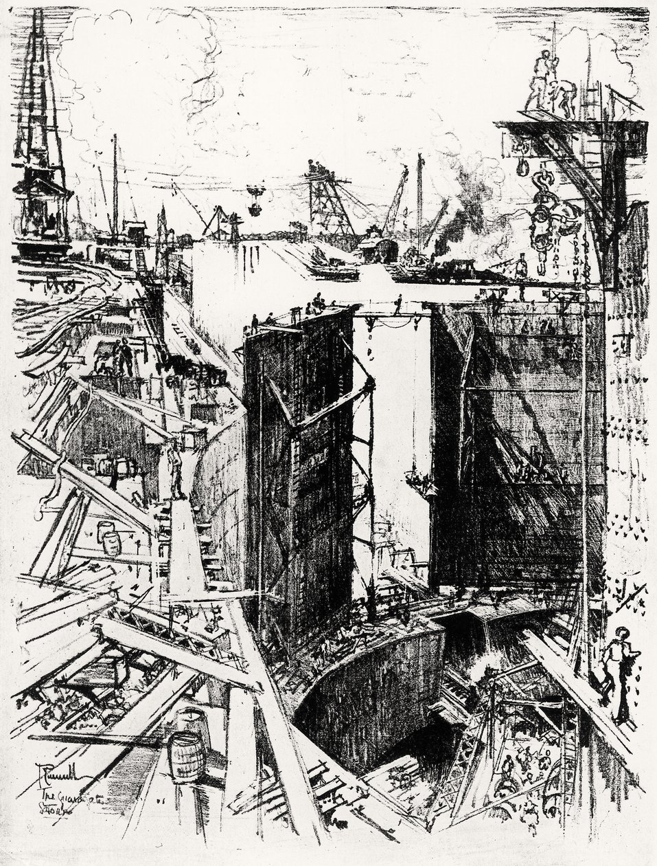 Strážná brána v Gatunu, deska V z Panamského průplavu od Josepha Pennella, 1912 (uhl na papíře) od Joseph Pennell