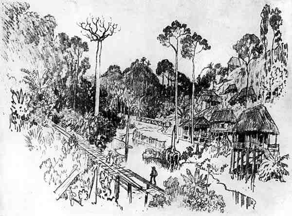 Domorodá vesnice, deska IX z knihy Panamský průplav, Joseph Pennell, 1912 (uhel na papíře) od Joseph Pennell