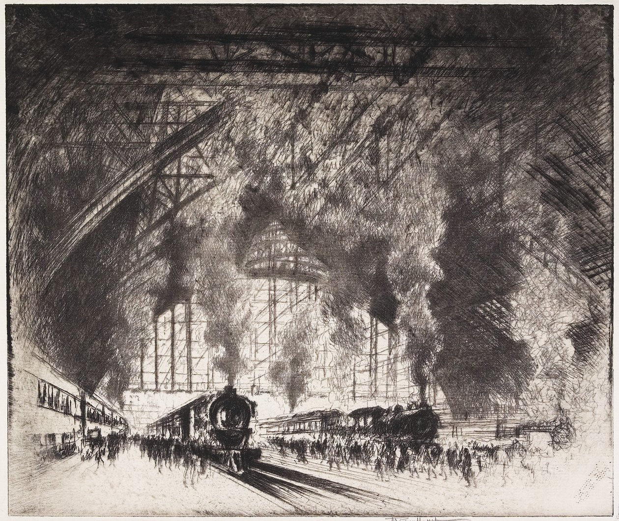 Vlaky, které přicházejí a vlaky, které jedou, Pennsylvania Railroad, Philadelphia, 1919 od Joseph Pennell