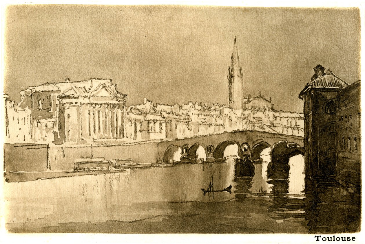 Toulouse, Garonne. Rytina podle akvarelu Josepha Pennella (1857-1926) ilustrující knihu Henryho Jamese "A little tour in France", edice Heinemann 1900 (francouzské tituly: "Voyage en France" a "Un petit tour en Languedoc"). od Joseph Pennell
