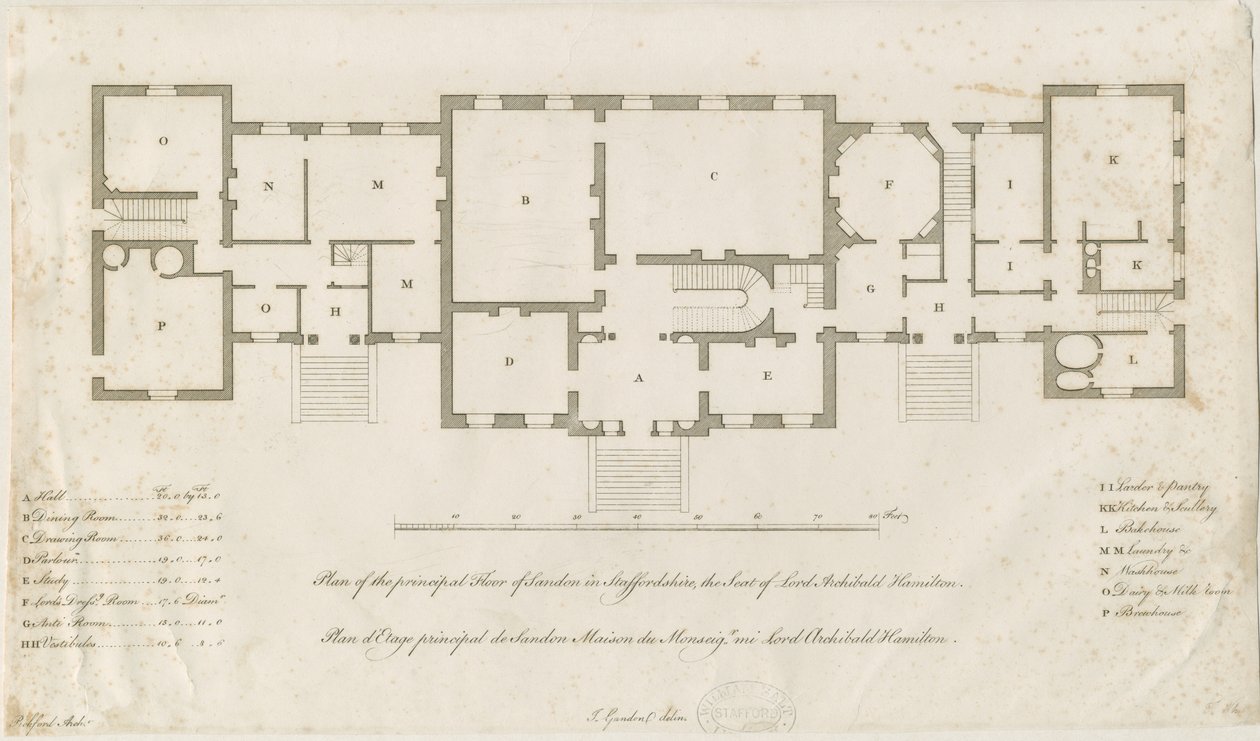 Sandon Hall - Plán hlavního patra: rytina, nd [1769-1771] (tisk) od Joseph Pickford