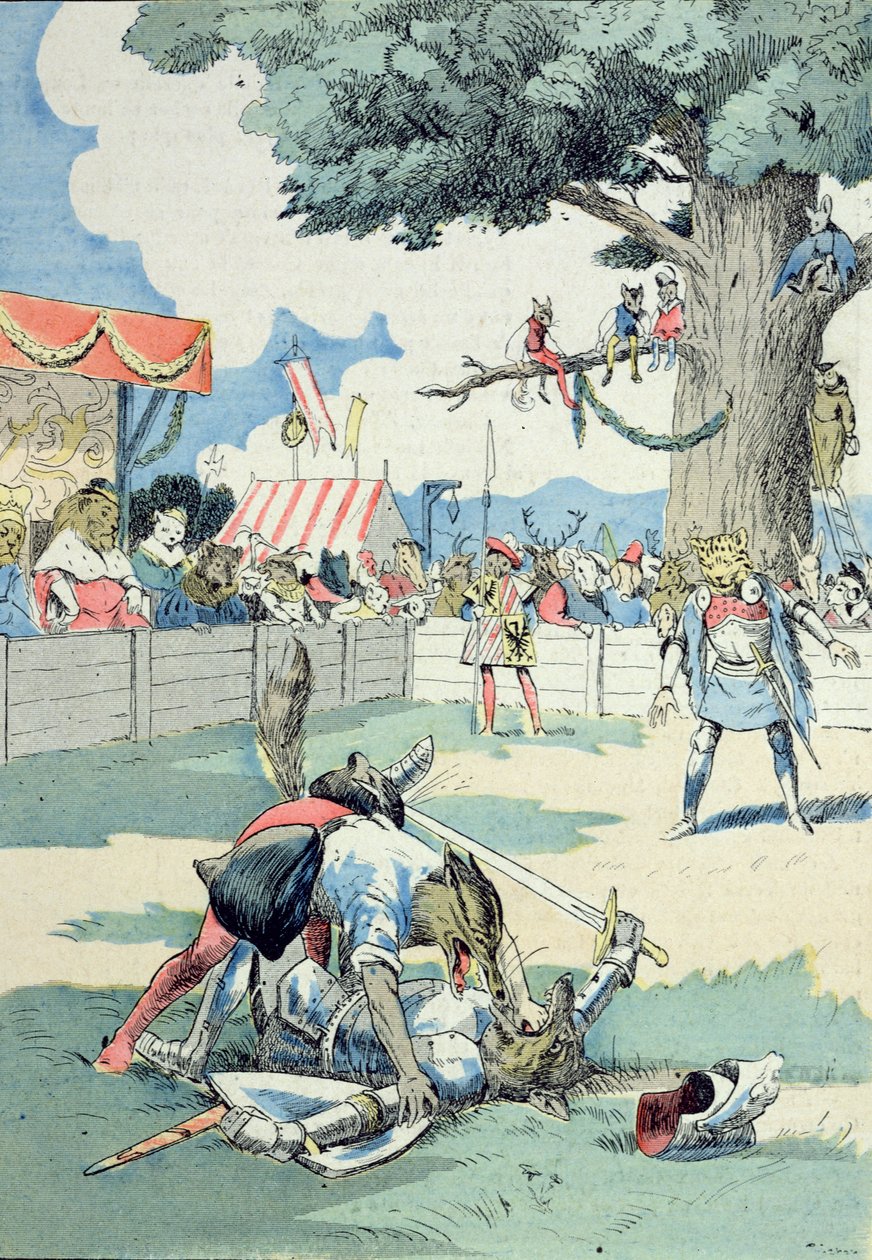Bitva mezi Renardem a Ysengrinem, z knihy "Dobrodružství mistra Renarda" od G. Le Cordiera, kolem roku 1900 (barevná litografie) od Joseph Porphyre Pinchon