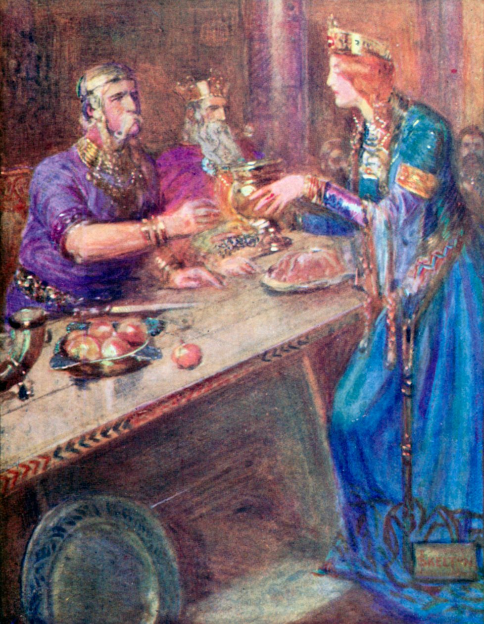 Podávání vína ze zlatého poháru každému bojovníkovi (barevná litografie) od Joseph Ratcliffe (after) Skelton