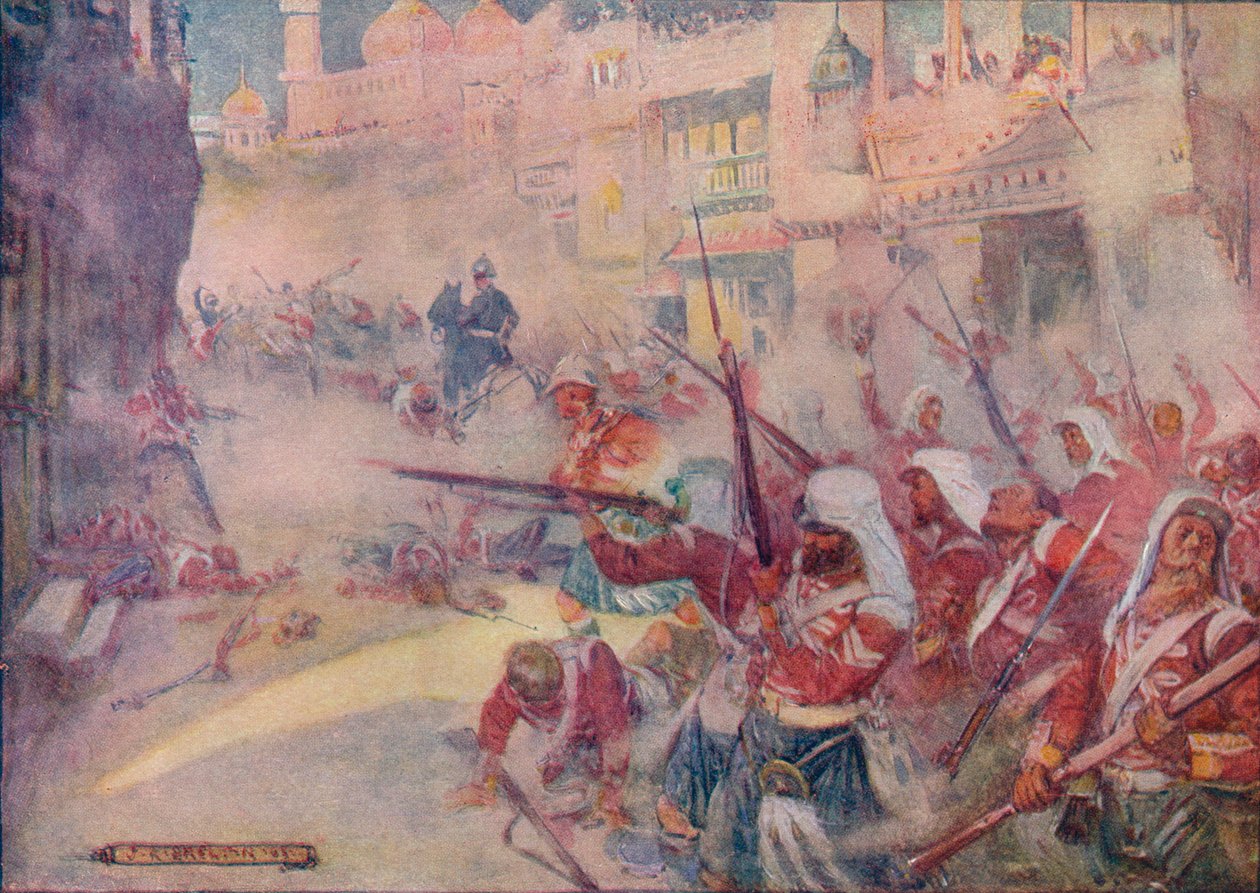 Britští vojáci byli viděni probojovávat si cestu ulicemi, 1908, c1920. od Joseph Ratcliffe Skelton