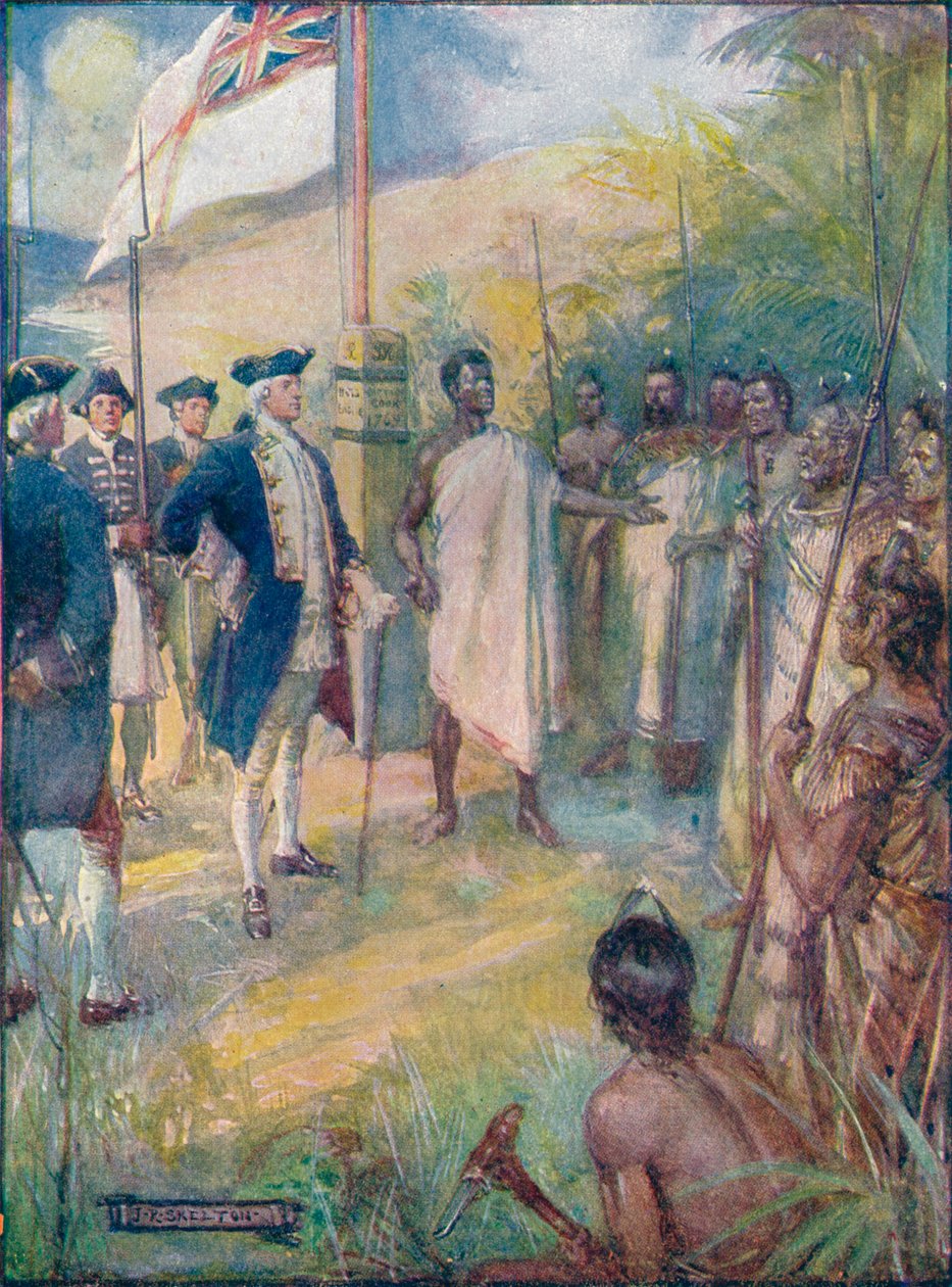 Cook řekl Maorům, že přišel dát znamení na jejich ostrovy, c1908, c1920. od Joseph Ratcliffe Skelton