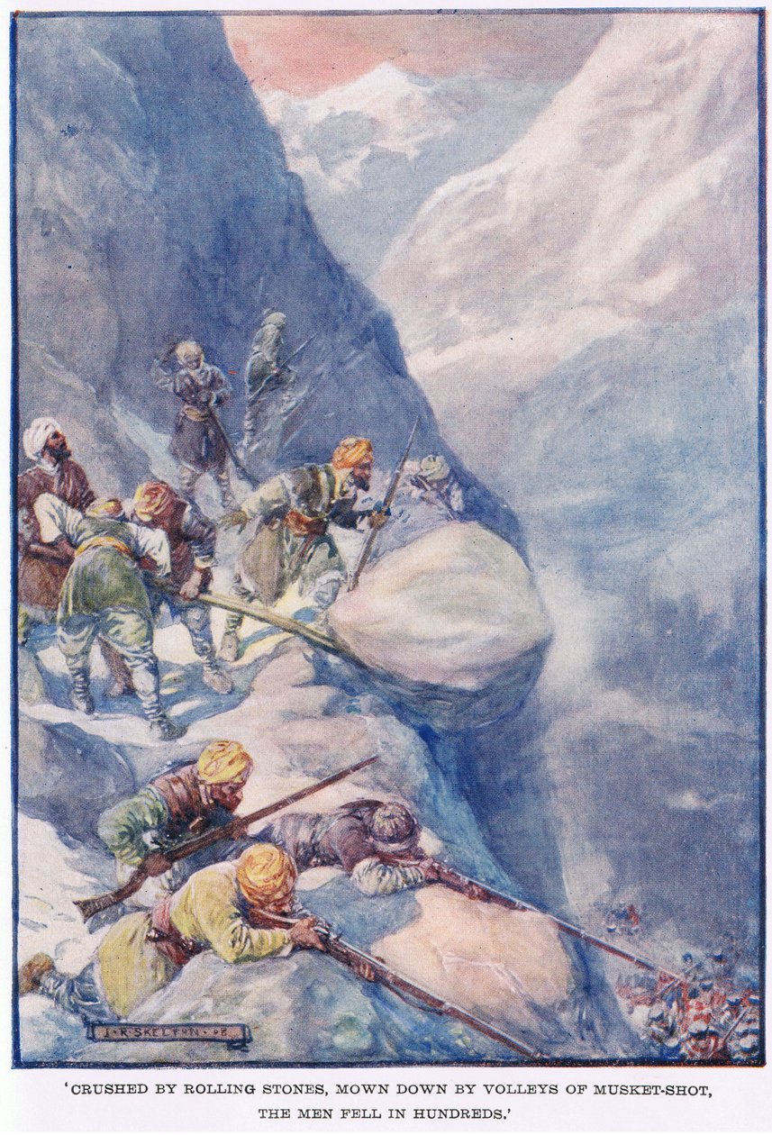 Muži padali po stovkách, drceni valícími se kameny, koseni salvami z mušket. od Joseph Ratcliffe Skelton