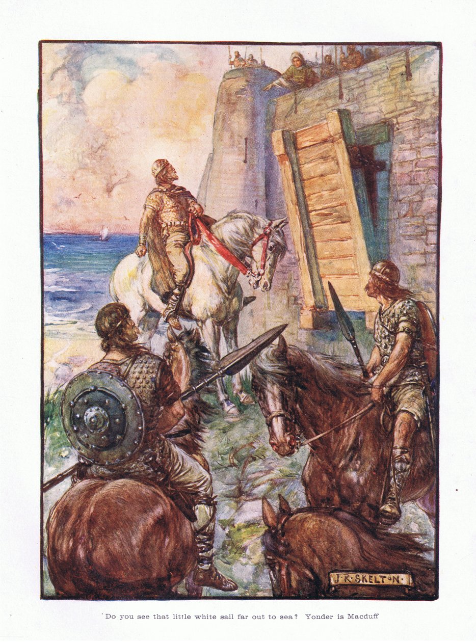 Vidíš tu malou bílou plachtu daleko na moři? Tam je McDuff., 1910 od Joseph Ratcliffe Skelton