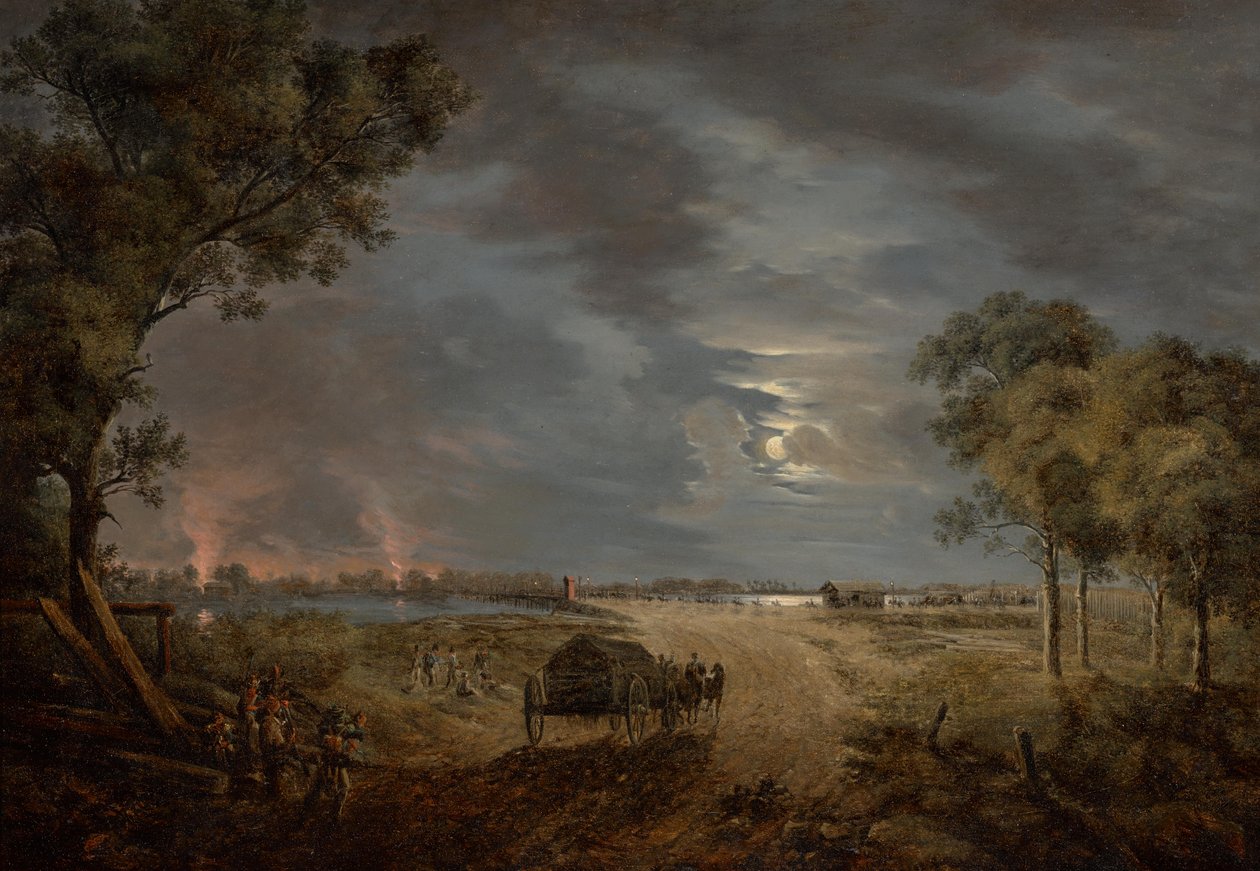 Pohled na přechodový most francouzské armády do Lobau (noční záběr s měsíčním světlem) od Joseph Rebell
