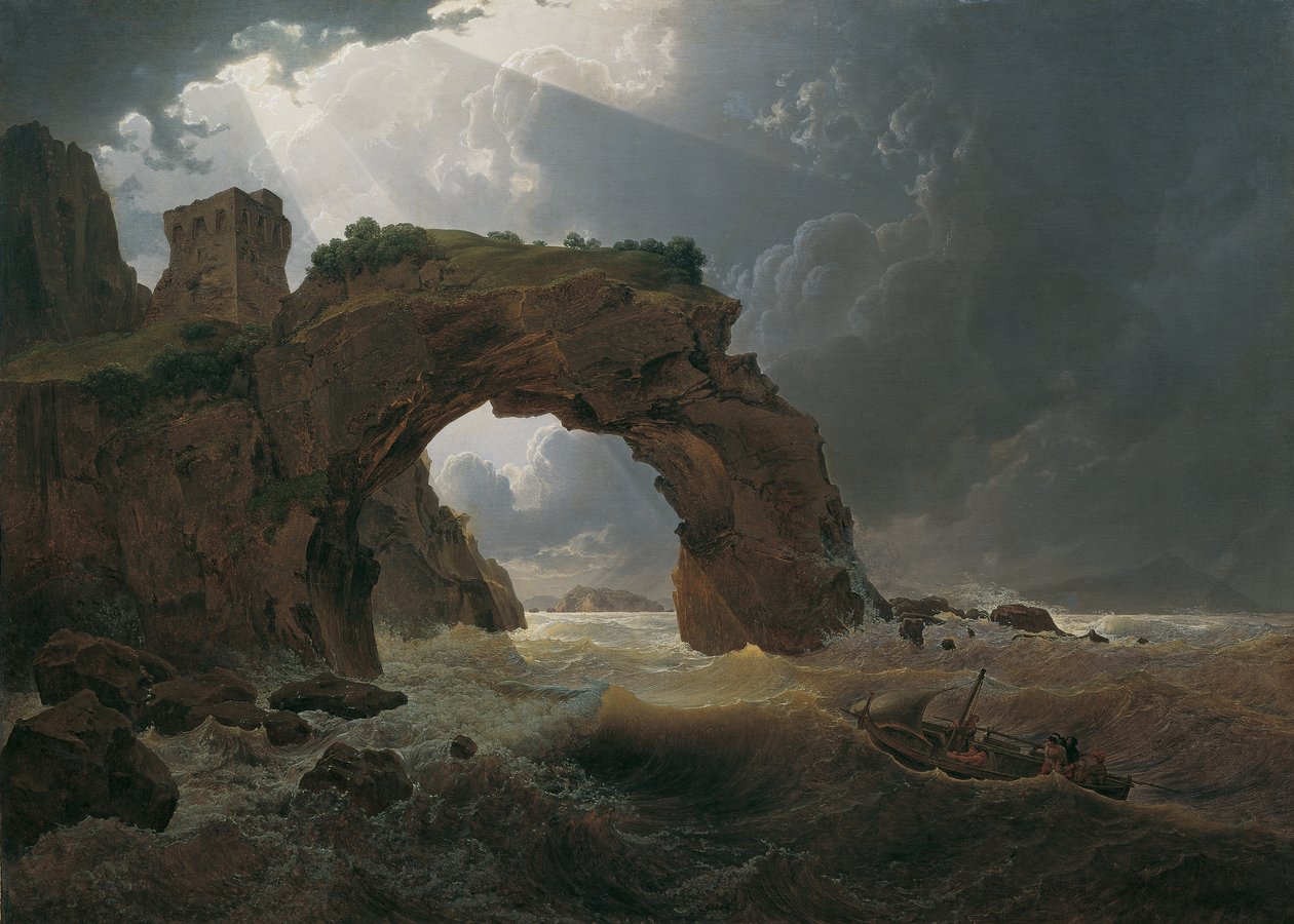 Mořská bouře v Arco di Miseno poblíž Miliscoly s výhledem na Nisidu od Joseph Rebell