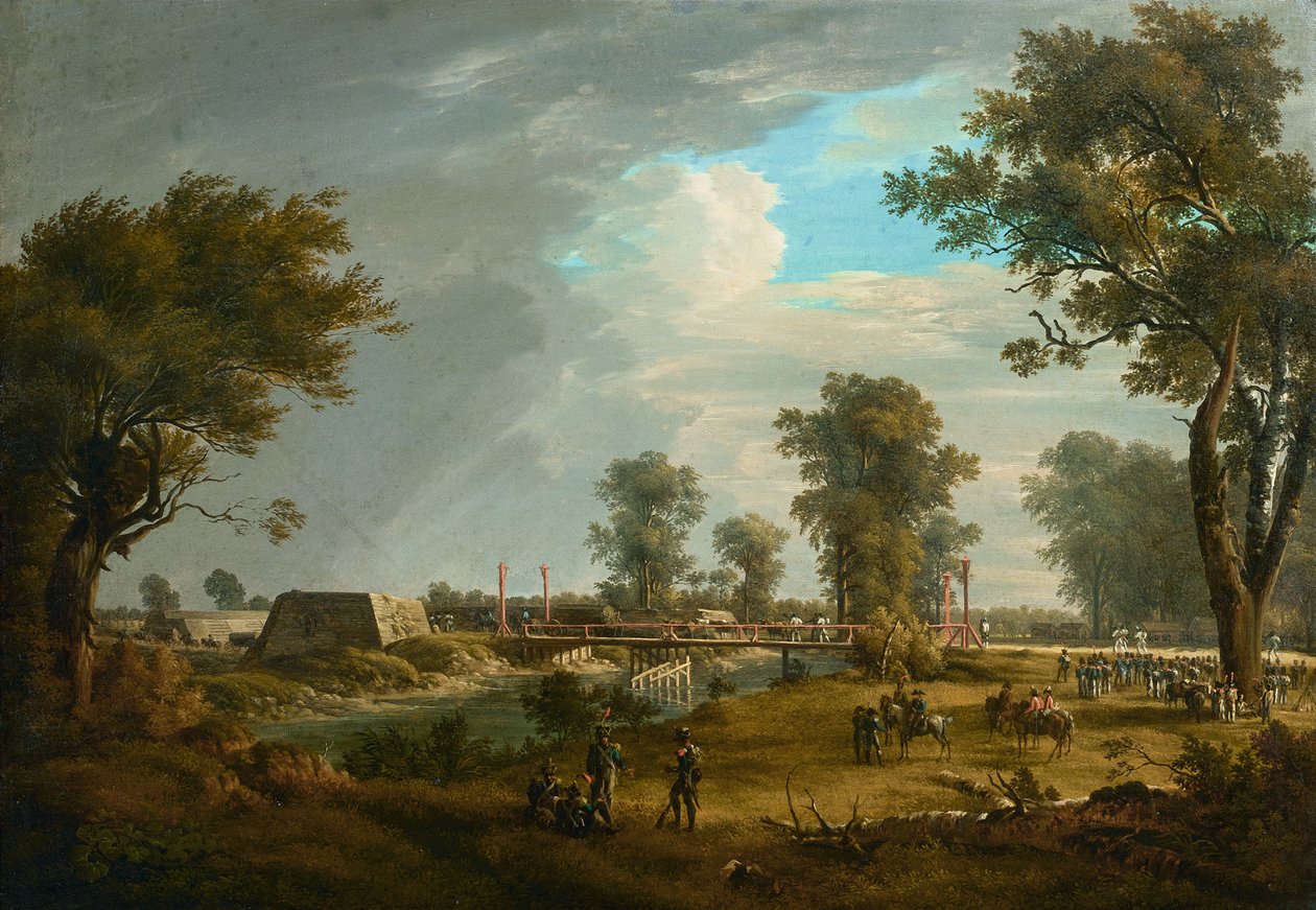 Scéna z napoleonských válek: Most v Lobau s francouzskou pěchotou od Joseph Rebell