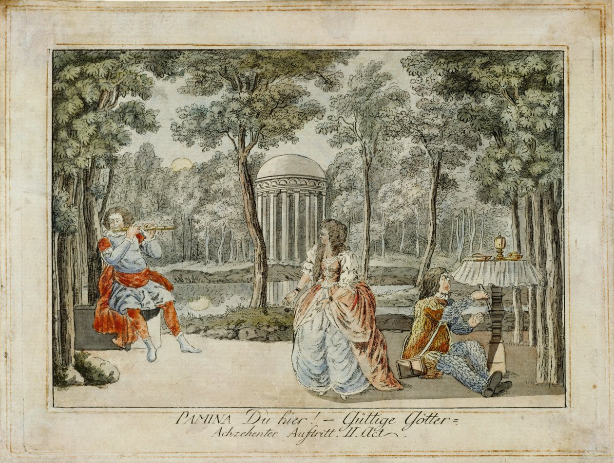 Tamino, Pamina a Papageno ... (rytina) od Joseph Schaffer