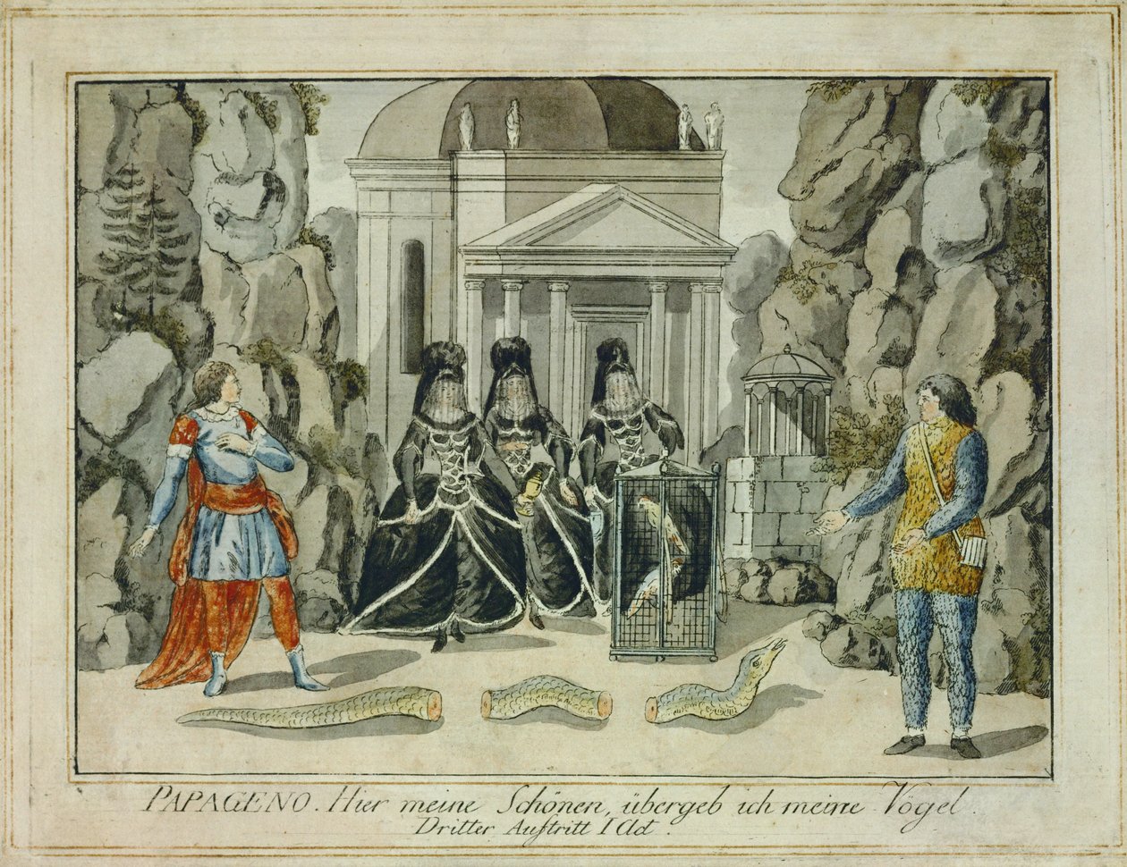 Tamino a Papageno se třemi dámami... (rytina) od Joseph Schaffer
