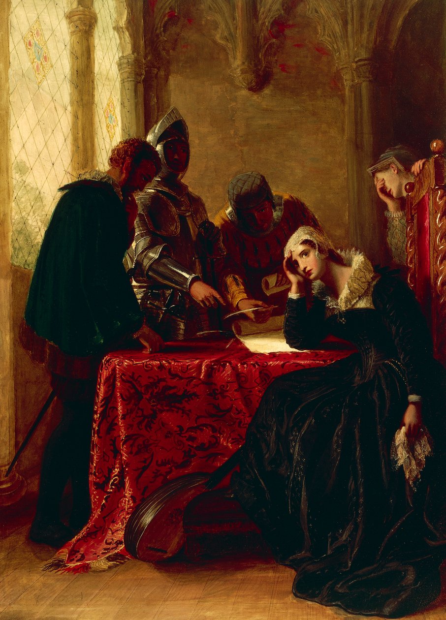 Abdikace Mary Queen of Scots v zámku Loch Leven, c. 1850 (olej na plátně) od Joseph Severn