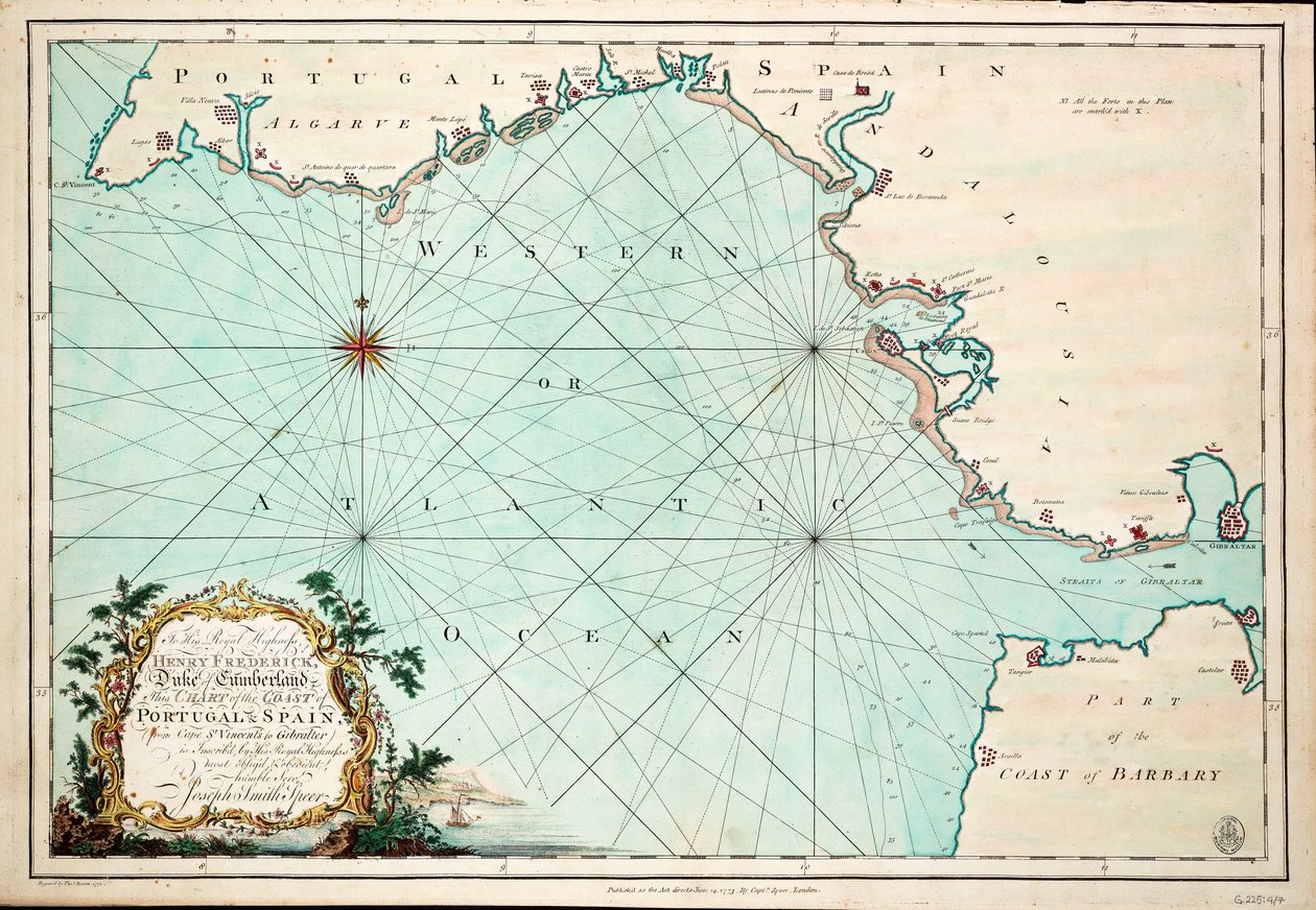 Mapa pobřeží Portugalska a Španělska od mysu svatého Vincenta po Gibralter od Joseph Smith Speer