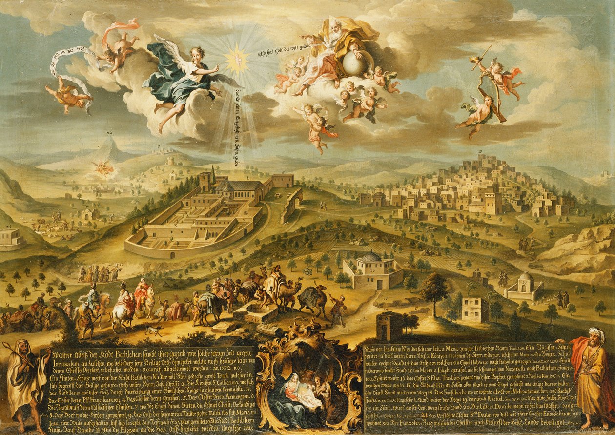 Pohled na Betlém s Cestou tří králů, Trojicí nahoře a Narozením v malované kartuši dole, 1752 od Joseph Stephan