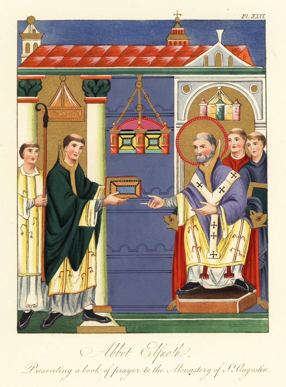 Opat Elfnoth představuje knihu svatému Augustinovi, 1858 (rytina) od Joseph Strutt