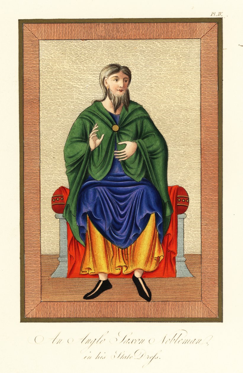 Anglosaský šlechtic ve státních šatech, 8. století, 1845 (rytina) od Joseph Strutt
