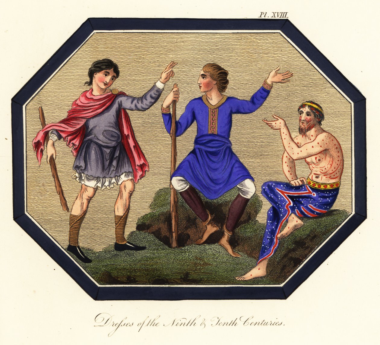 Anglosaský pánský kroj, 9. a 10. století, 1853 (rytina) od Joseph Strutt