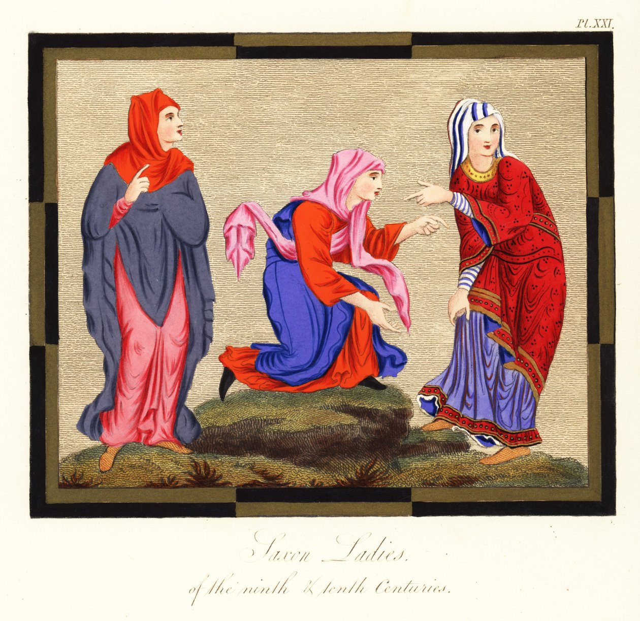 Anglosaské ženské kostýmy, 9. a 10. století, 1854 (rytina) od Joseph Strutt