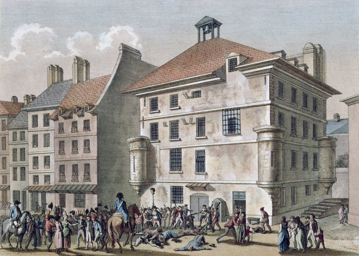 The September Massacres: The Massacre at Abbaye Prison near St. Germain des Pres, 2nd-5th September 1792, ryt Reinier Vinkeles (1741-1816) and Daniel Vrydag (1765-1822) (kolorovaná rytina od Joseph Swebach Desfontaines