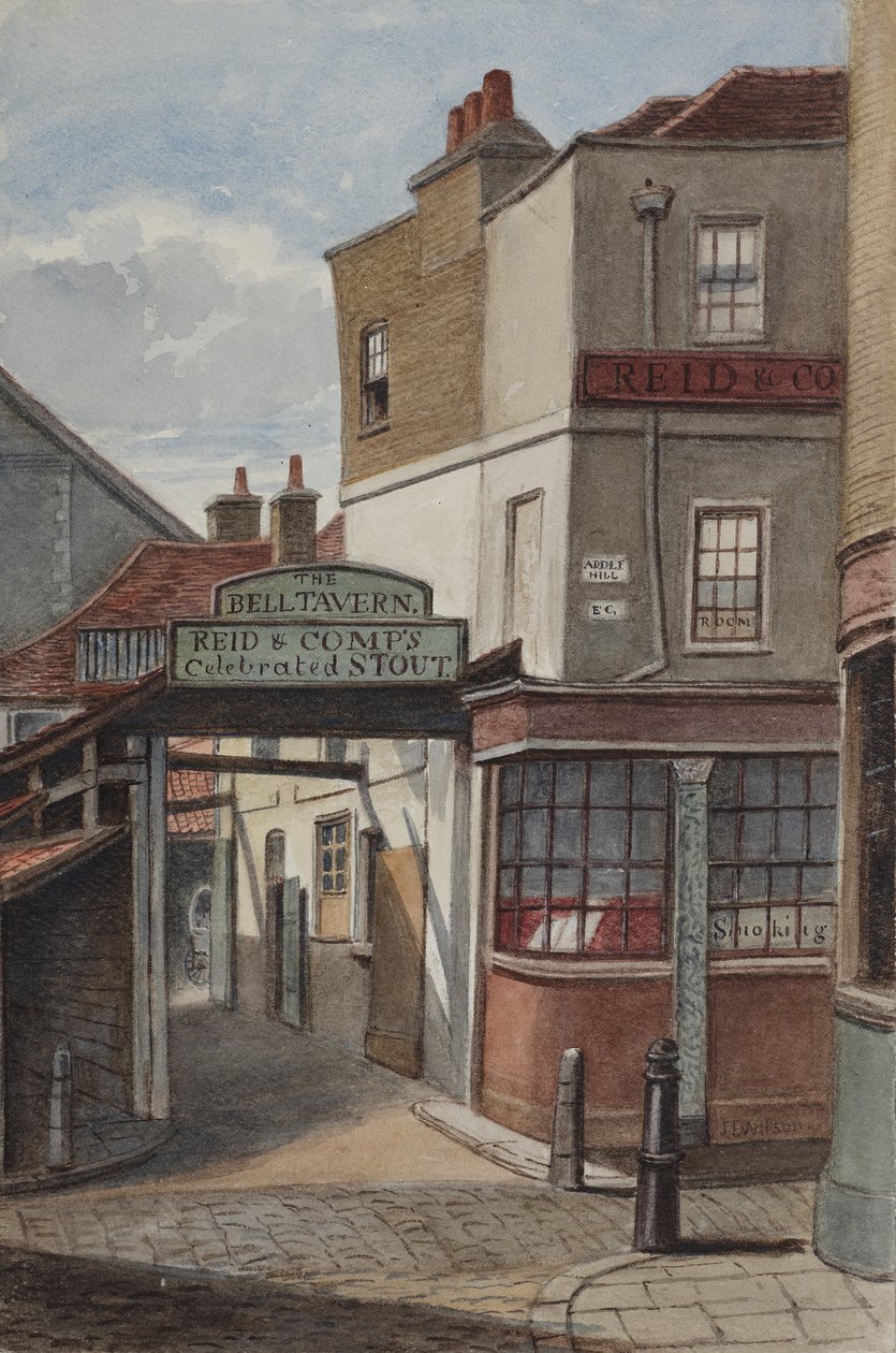 Pohled na Bell Tavern, Addle Hill, ukazující znamení oslavovaného Reida a Companys a obrubník, 1868 (wc na papíře) od Joseph Thomas Wilson