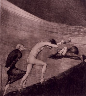 Inhibice (Hemmungen) deska VI z 1. části „Nebezpečná cesta ke hvězdám“ ze série „Per Aspera ad Astra“ (lept) od Joseph Uhl