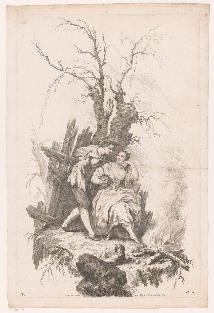 Muž a žena se psem u ohně Zima Four Seasons (název série) od Joseph Wagner (possibly)