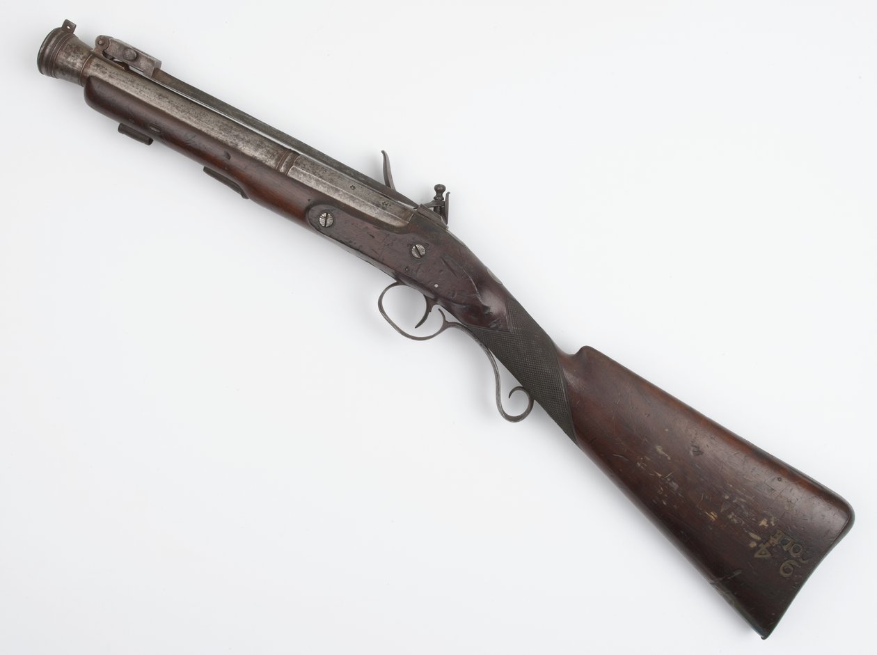 Blunderbuss s pružinovým bajonetem vydaný Irish Volunteers, kolem roku 1815 (blunderbuss, křesadlový zámek) od Joseph Wood
