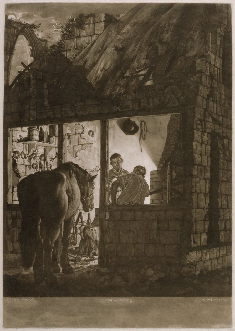 A Farriers Shop, vyryl William Peter (c.1781-1821), 1771 (mezzotinta) od Joseph Wright of Derby
