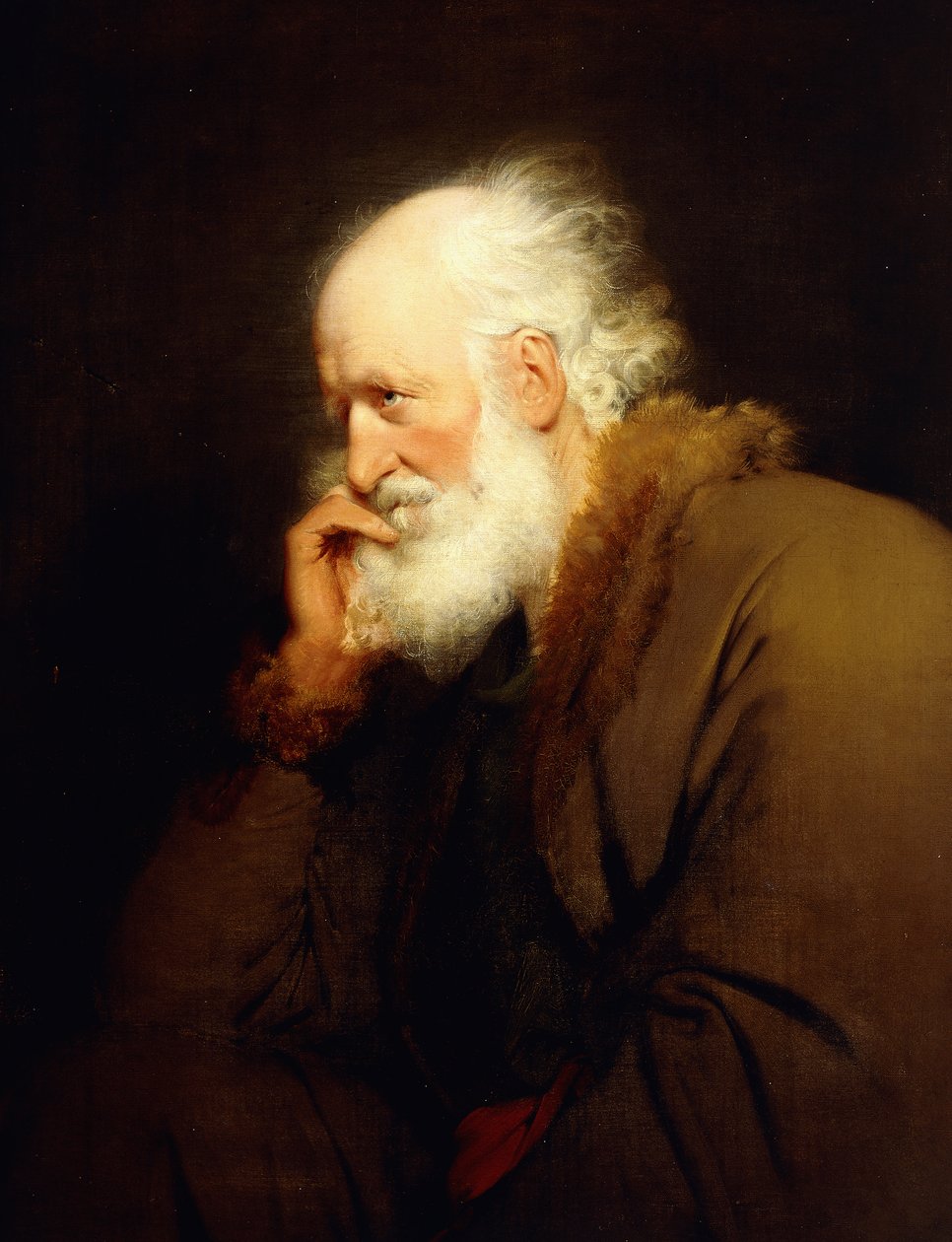 Starý muž, polodlouhý, v hnědém kožichu s podšívkou, od Joseph Wright of Derby