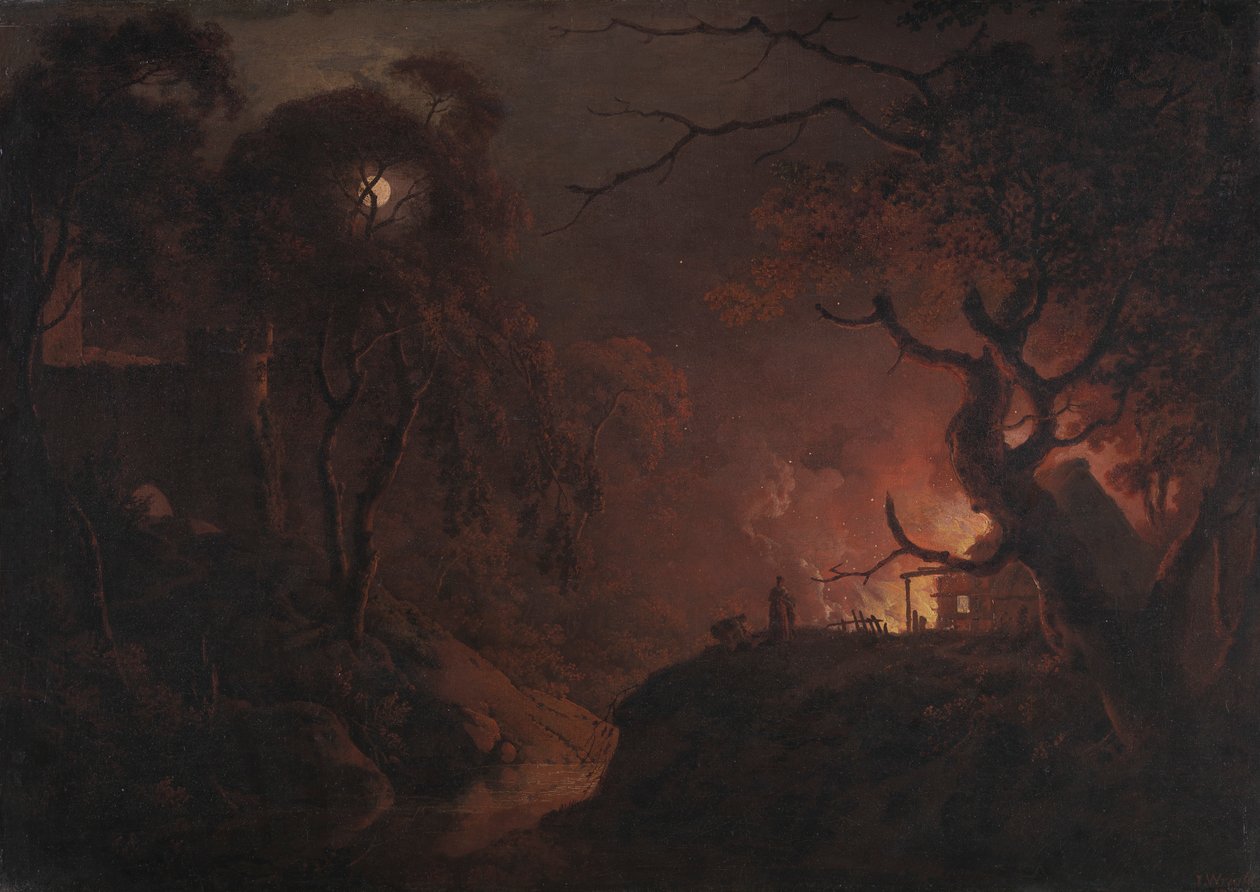 Chata v noci v plamenech od Joseph Wright of Derby