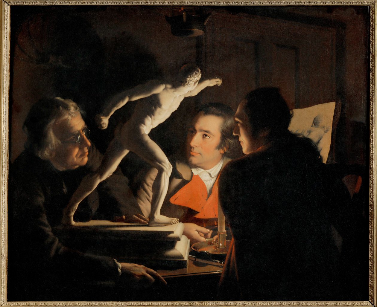 Ve světle svíčky studují tři muži malou ... (malba na plátně) od Joseph Wright of Derby