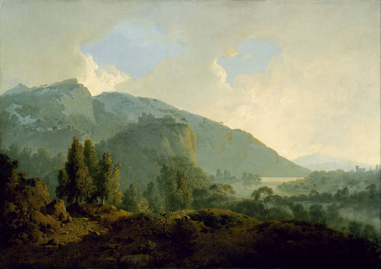 Italská krajina s horami a řekou od Joseph Wright of Derby