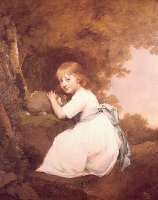 Slečna Bentleyová v bílých šatech drží králíka od Joseph Wright of Derby