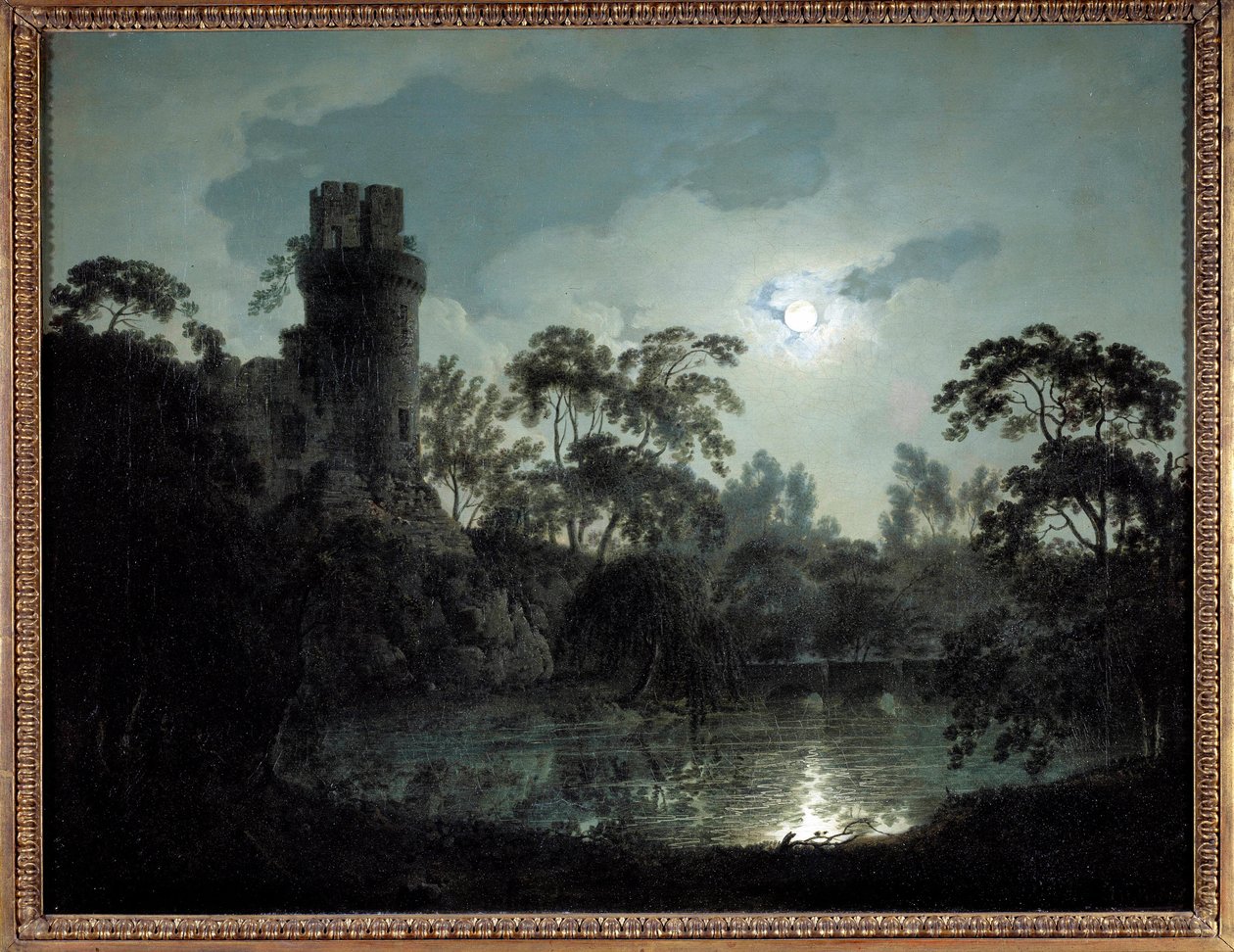 Měsíční svit s jezerem a hradem Romantická noční krajina. Obraz Josepha Wrighta z Derby (1734-1797) Soukromá sbírka z roku 1787 od Joseph Wright of Derby
