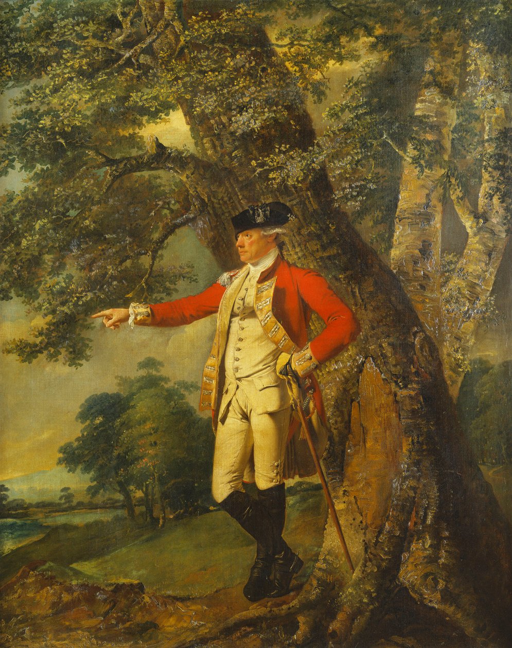 Portrét plukovníka Charlese Heathcotea, stojícího po celé délce v zalesněné krajině v uniformě 35. stopy od Joseph Wright of Derby
