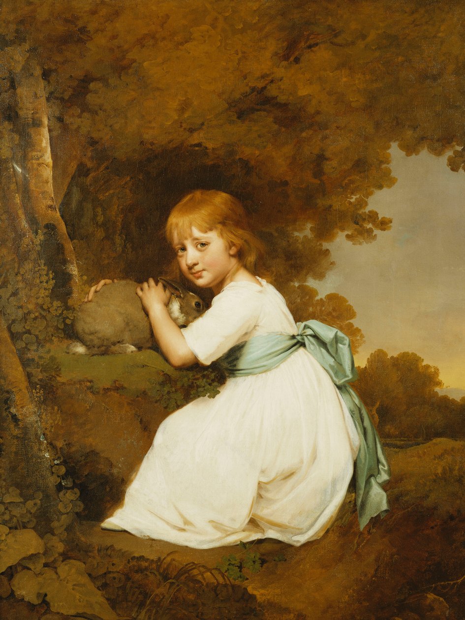 Portrét slečny Bentleyové, sedící po celé délce, v bílých šatech, držící králíka v krajině, kolem roku 1781 od Joseph Wright of Derby