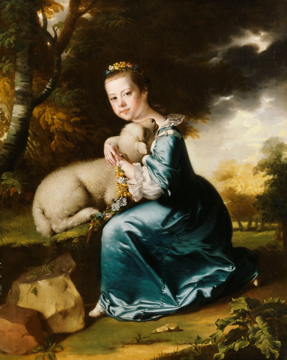 Portrét slečny Frances Warrenové, klečící po celé délce v zalesněném parku, oblečená v modrých šatech a držící jehně, od Joseph Wright of Derby